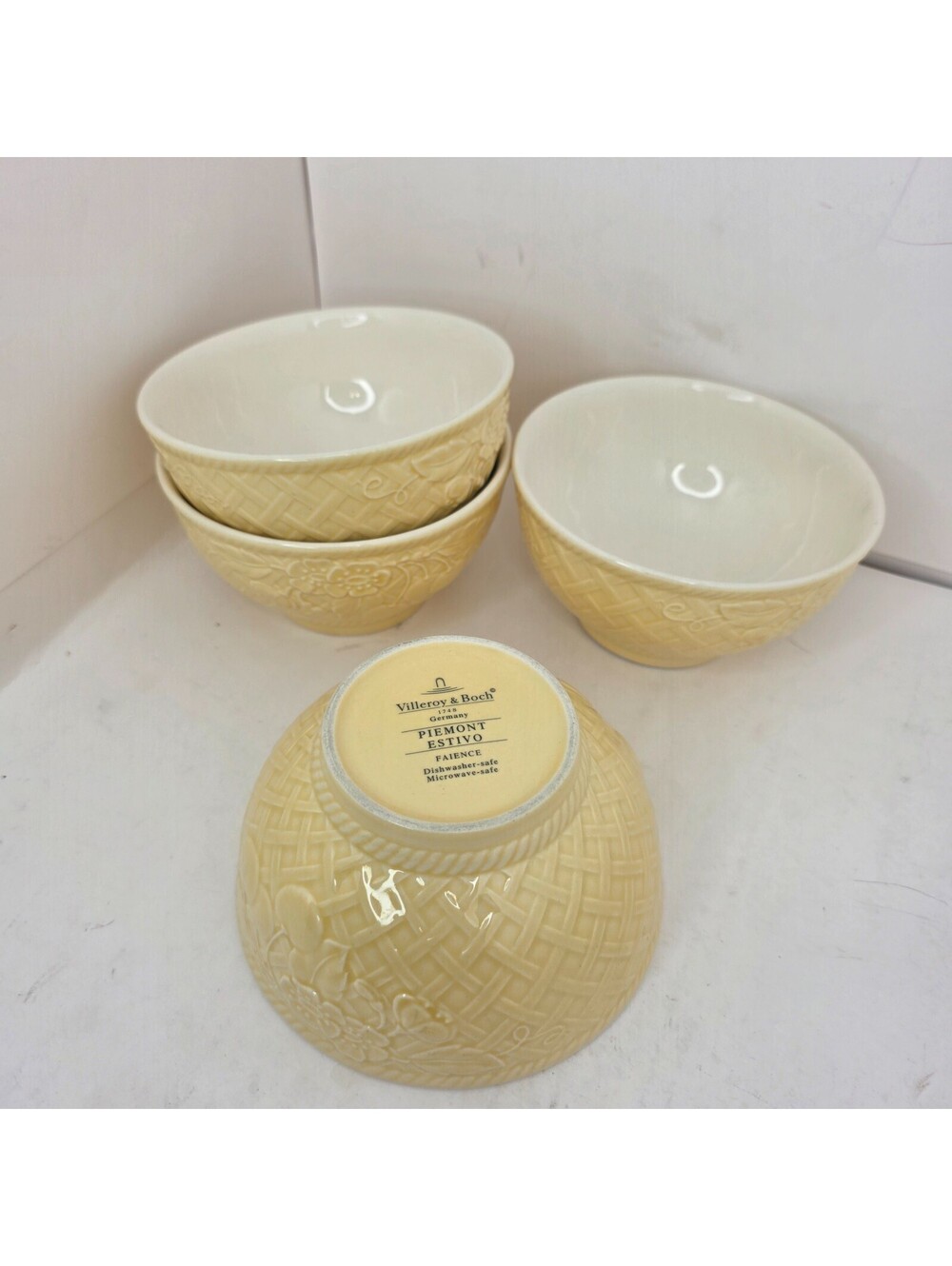 Villeroy & Boch Piemont Estivo Cereal Bowls Set of 4 Yellow Basketweave Germany